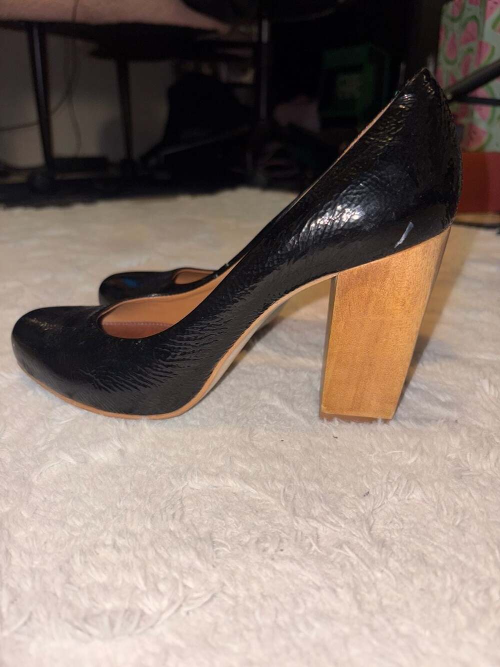 ALDO Black Embossed Leather Block Wood Heel Pumps